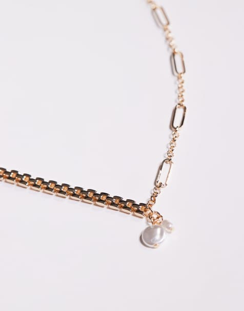 ASOS DESIGN - Collana a catenina mista dorata con perle sintetiche - view 1