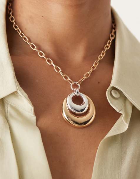 ASOS DESIGN - Collana a catenina spessa color oro con ciondolo circolare in tonalità mista - view 1