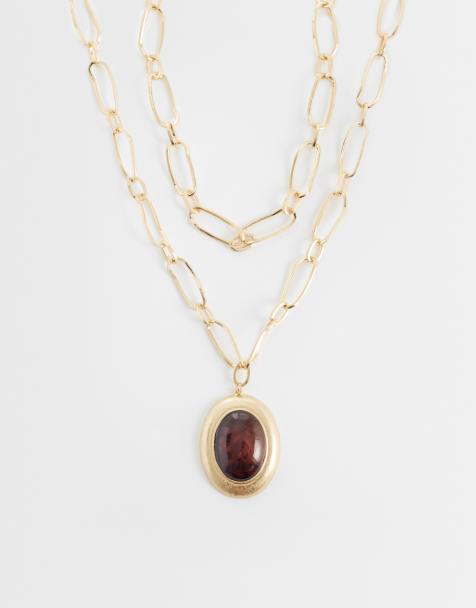 ASOS DESIGN collana a più fili con grande pendente in resina bordeaux color oro - view 1