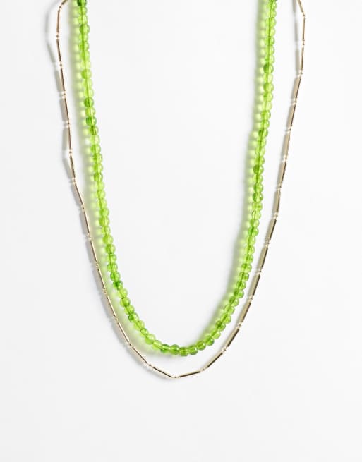 ASOS DESIGN collana a più fili con perline verdi e catenina color oro