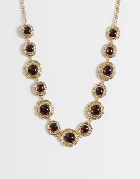 ASOS DESIGN - Collana appariscente dorata martellata con pietre in resina color ambra - view 1