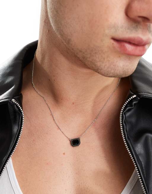 ASOS DESIGN - Collana argentata con pendente con pietra nera