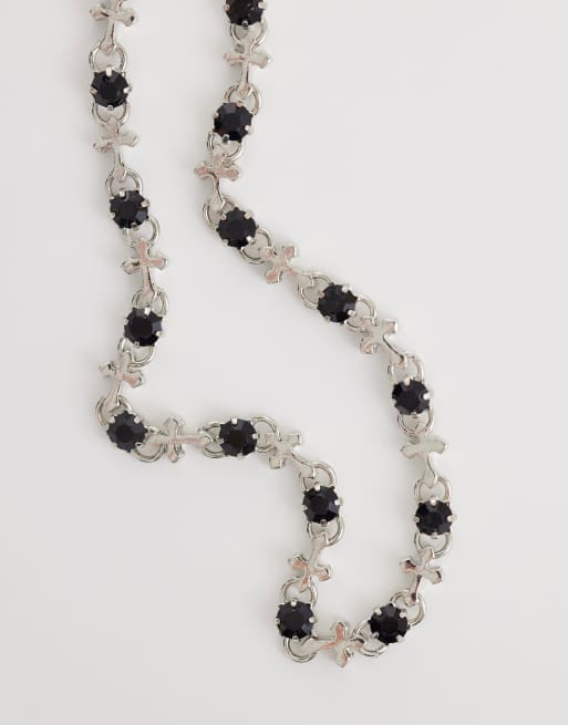 ASOS DESIGN - Collana argentata con pietre nere e croci, 4 di 4