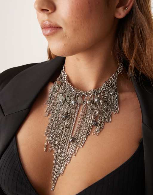 ASOS DESIGN - Collana color argento con dettagli a catenina e perle miste
