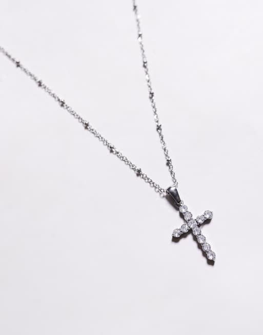 ASOS DESIGN - Collana color argento con pendente a croce con cristalli