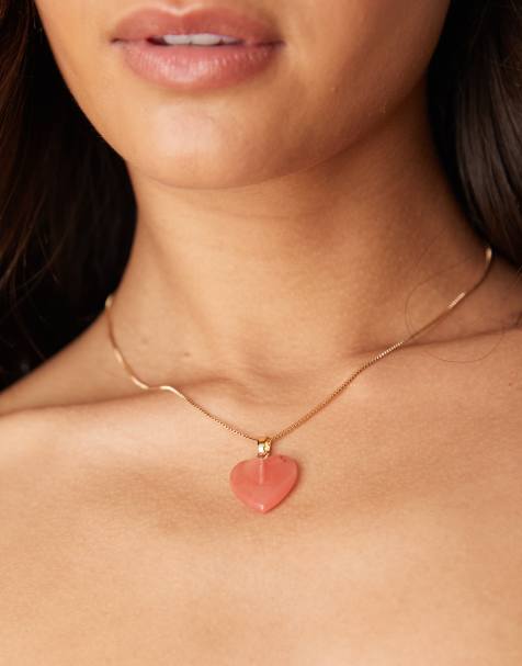 ASOS DESIGN - Collana color oro con ciondolo a cuore in quarzo rosa semiprezioso - view 1