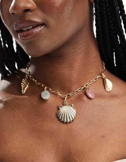 ASOS DESIGN - Collana color oro con conchiglia e pietra semipreziosa con t-bar - Edizione limitata