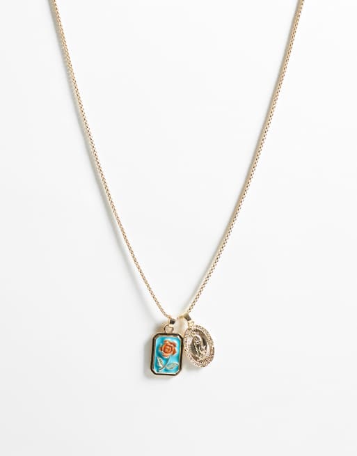 ASOS DESIGN - Collana color oro smaltato con doppio ciondolo con rosa e San Cristoforo