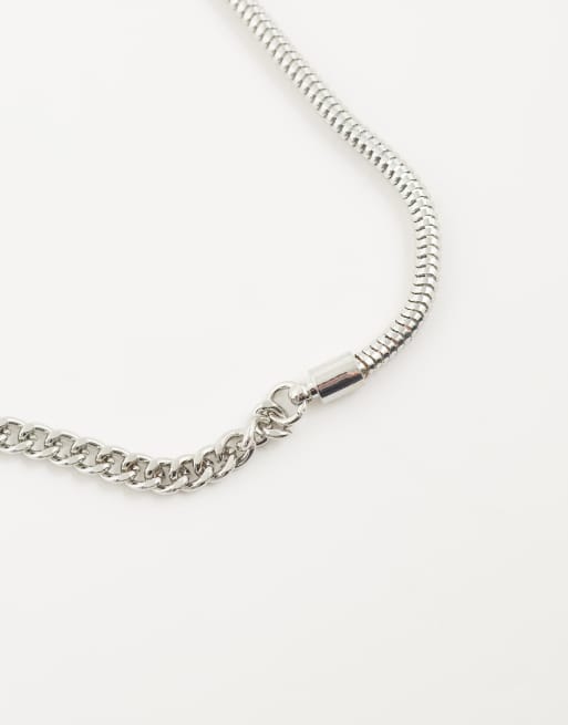 ASOS DESIGN - Collana con catenina curb e t-bar argentata half and half con motivo pitonato, 4 di 4