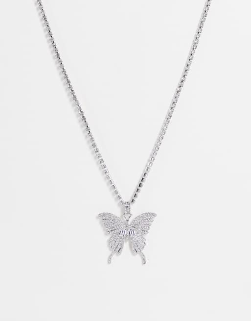ASOS DESIGN - Collana con pendente a farfalla con cristalli e catena argenta