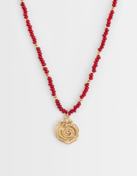 ASOS DESIGN - Collana con perline bordeaux e pendente con conchiglia dorato - view 1