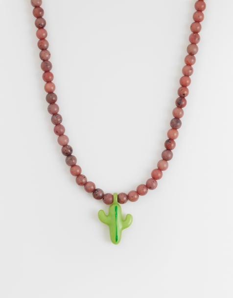 ASOS DESIGN - Collana con perline semipreziose rosa e ciondolo con cactus - view 1