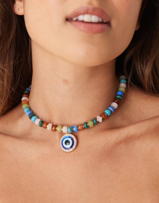 ASOS DESIGN - Collana corta con perline sintetiche multicolore e ciondolo a forma di occhio