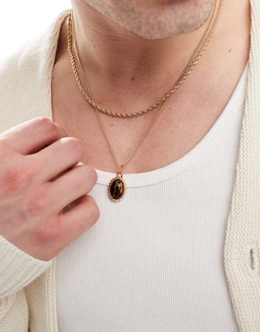 ASOS DESIGN - Collana doppia in catenina stile corda dorata con pendente con pietra semipreziosa