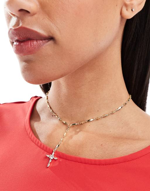 ASOS DESIGN - Collana dorata con cristalli a forma di croce