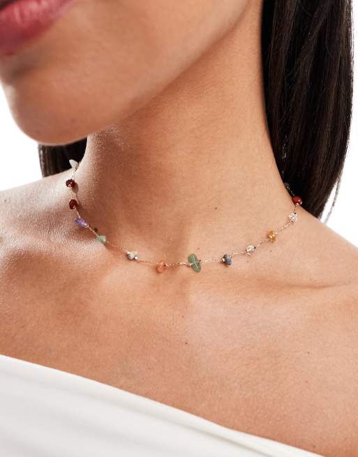 ASOS DESIGN - Collana dorata con schegge di pietre semipreziose