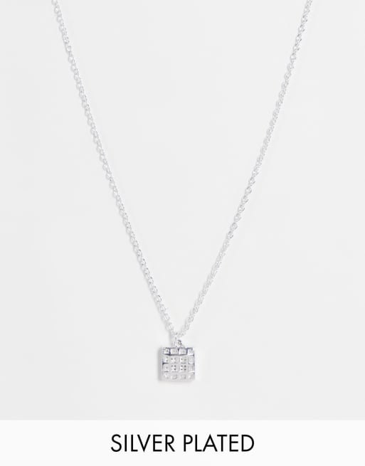 ASOS DESIGN - Collana in argento con pendente squadrato con pavé