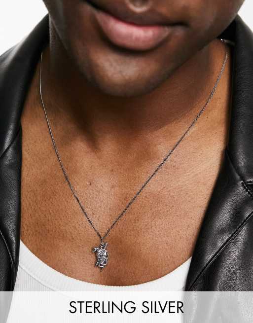 ASOS DESIGN - Collana in argento sterling brunito con pendente a forma di teschio con spada