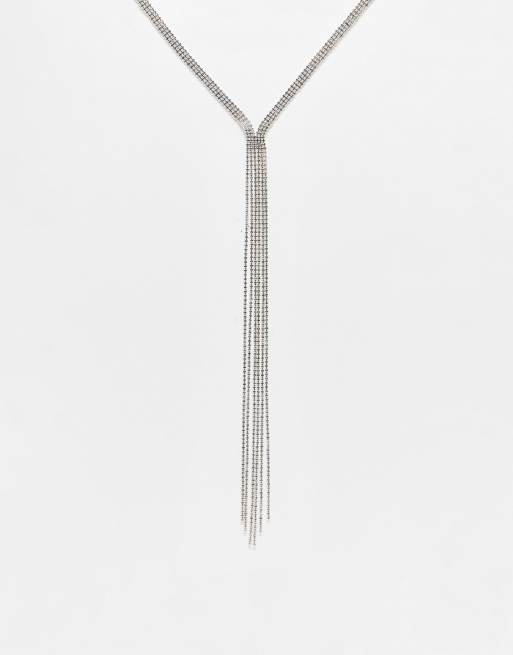 ASOS DESIGN - Collana lariat con nappe pendenti con cristalli molto lunghe color argento