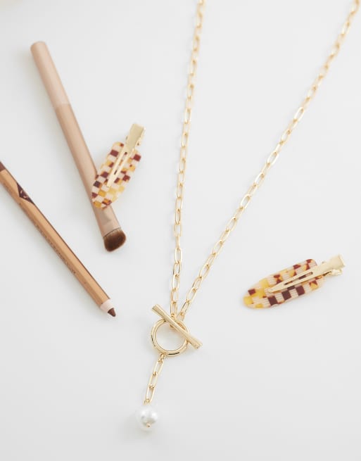 ASOS DESIGN - Collana lariat lunga dorata con perle sintetiche d'acqua dolce e barretta a T, 2 di 4
