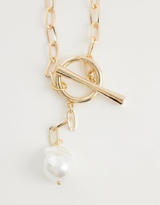 ASOS DESIGN - Collana lariat lunga dorata con perle sintetiche d'acqua dolce e barretta a T, 4 di 4