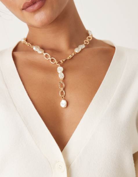 ASOS DESIGN - Collana lariat spessa color oro con perla d'acqua dolce sintetica - view 1
