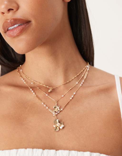 ASOS DESIGN - Collana multifilo con catenina a trattini e fiori color oro