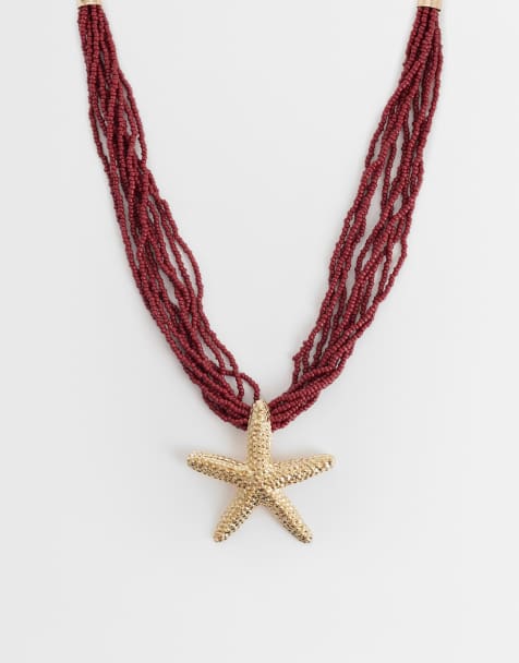 ASOS DESIGN - Collana multifilo con perline bordeaux e ciondolo a stella marina color oro - view 1