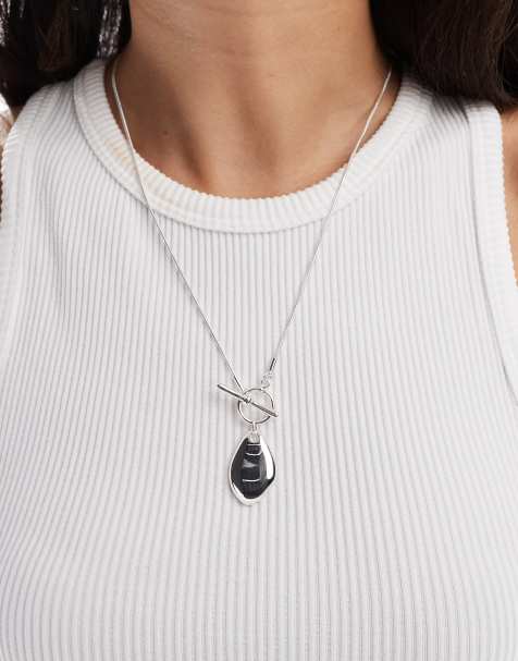ASOS DESIGN - Collana placcata argento con ciondolo effetto fuso e barretta a T - view 1