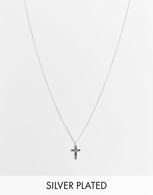 ASOS DESIGN - Collana placcata in argento con ciondolo a forma di croce in strass