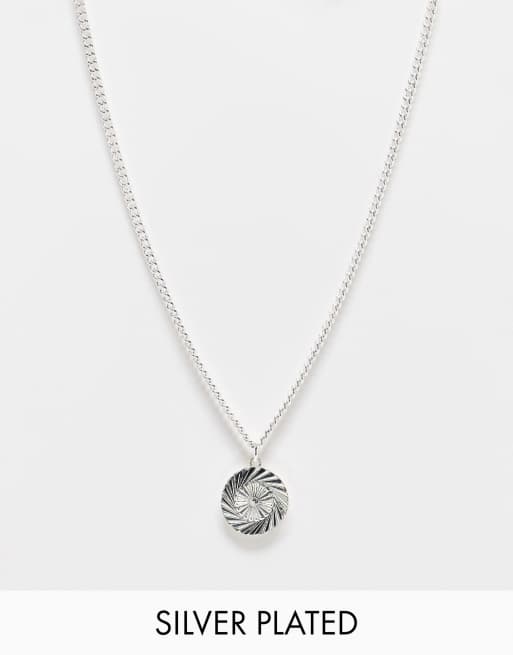 ASOS DESIGN - Collana placcata in argento con ciondolo circolare in rilievo