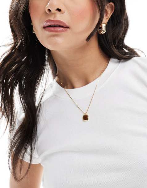 ASOS DESIGN - Collana placcata oro 14 carati con ciondolo con vera pietra occhio di tigre - view 1