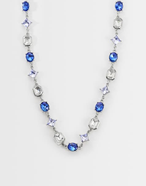 ASOS DESIGN - Collana squadrata argentata con strass cristallo blu - view 1