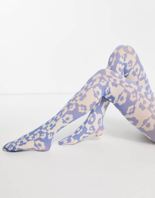 ASOS DESIGN - Collant 40 denari con stampa a scacchi e fiori multicolore, 4 di 4