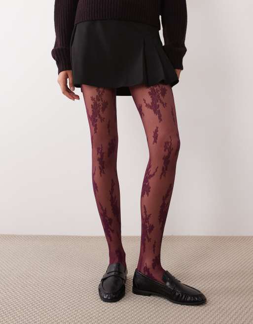 ASOS DESIGN collant in pizzo floreale astratto grande color prugna, 1 di 3