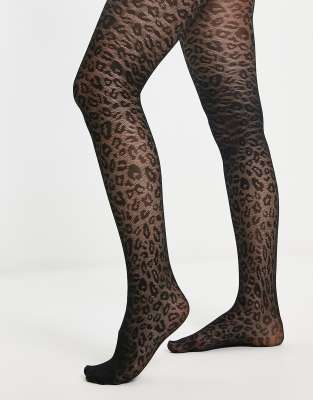Collants Fantaisie Femme – Noir Extérieur Résille Léopard – Taille Unique – Neuf