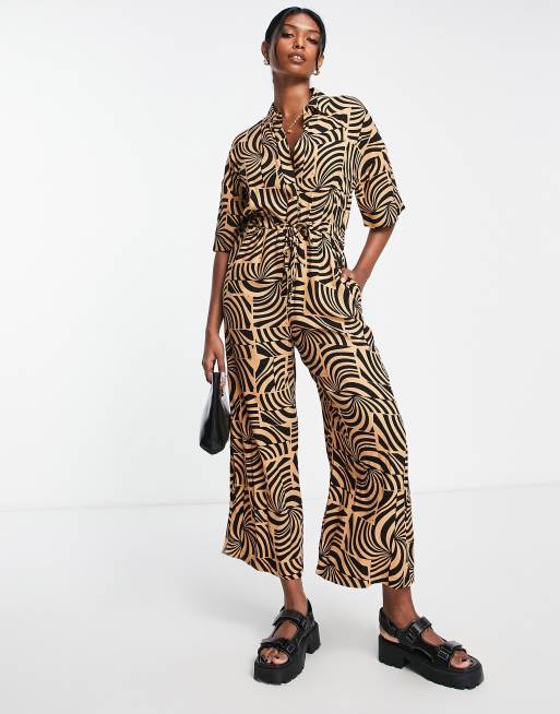 FhyzicsShops DESIGN collar button front jumpsuit in mono swirl print