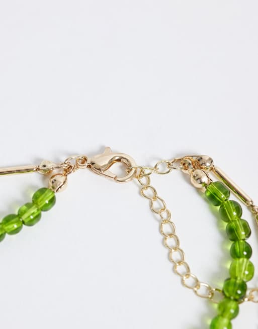 ASOS DESIGN collar de varias vueltas con cuentas verdes y cadena en tono dorado, 3 de 4