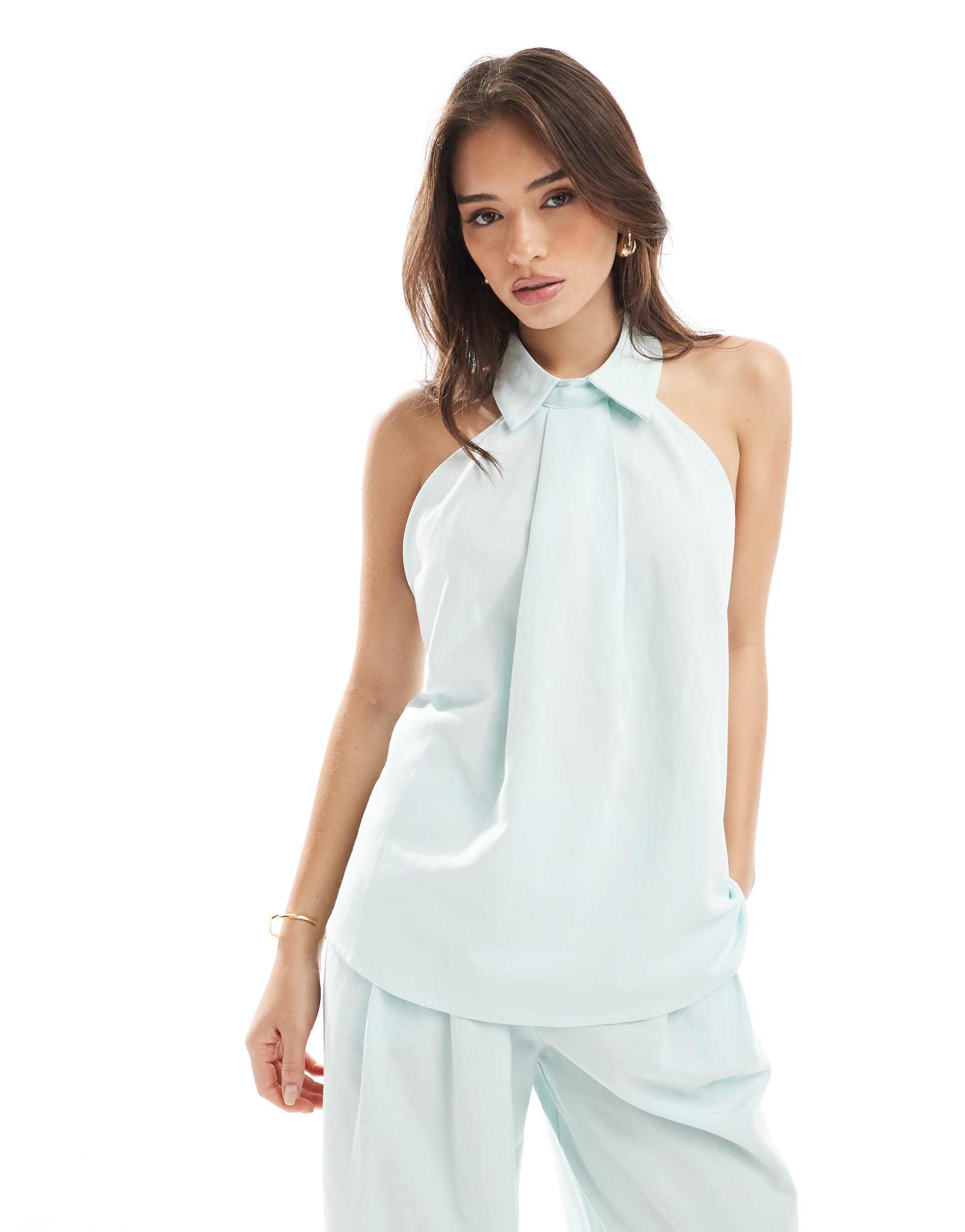 asos design collar detail halter top in blue - part of a set