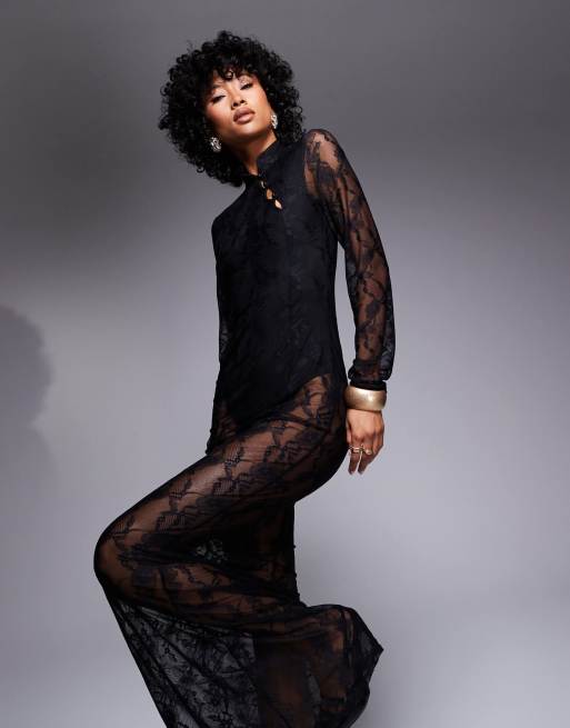 ASOS DESIGN collar detail long sleeve sheer lace maxi dress with bodysuit in black ASOS