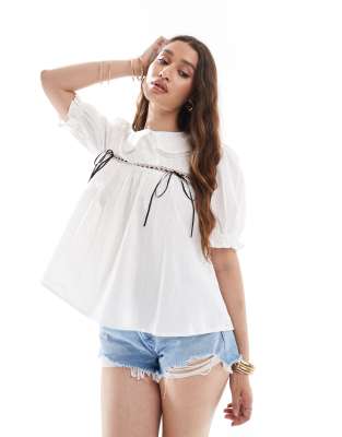 Asos Design Collar Detail Short Sleeve Blouse With Ribbon Insert-multi In Neutral