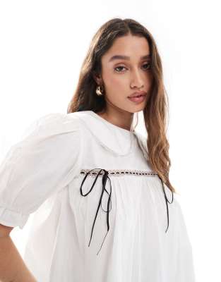 Asos Design Collar Detail Short Sleeve Blouse With Ribbon Insert-multi In Neutral
