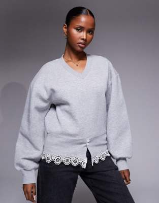 Asos Design Collar Long Sleeve With Cinched Waist And Lace Detail Top In Gray