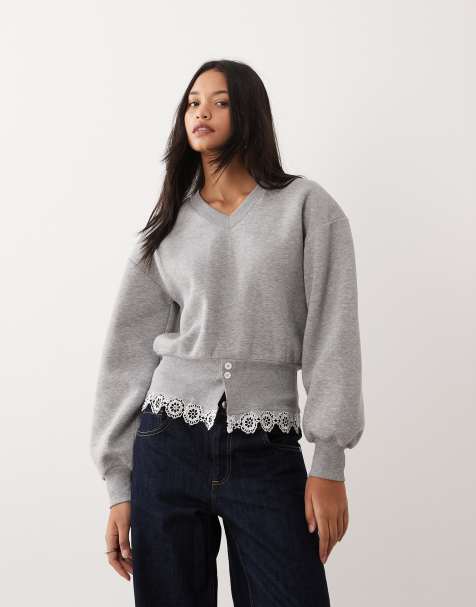 ASOS DESIGN collar long sleeve with cinched waist and lace detail top in grey