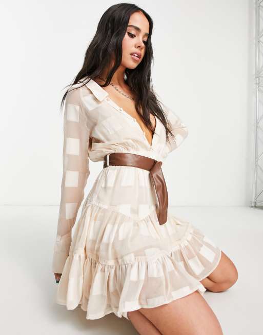 ASOS DESIGN collar mini dress in textured square with belt ASOS