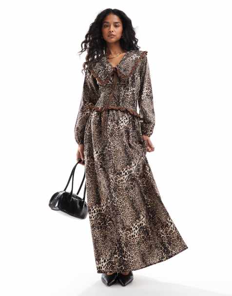 ASOS DESIGN collar shirred waist maxi dress in leopard print - view 1