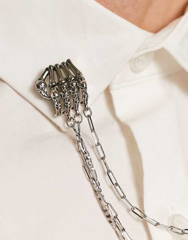 ASOS DESIGN collar tips with skeleton hand detail in burnished silver tone