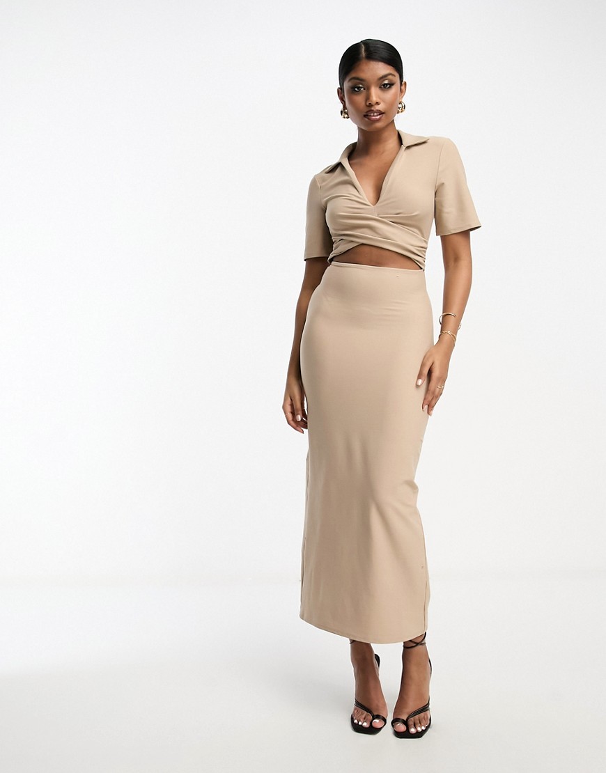 ASOS DESIGN collar twist front midi dress with cut out in sand-Neutral