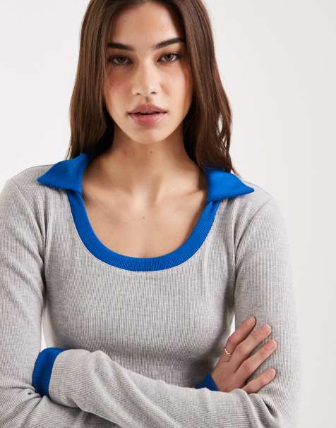 ASOS DESIGN collar with scoop neck long sleeve double layer top in gray and blue - view 1