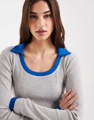 Asos Design Collar With Scoop Neck Long Sleeve Top-multi In Gray